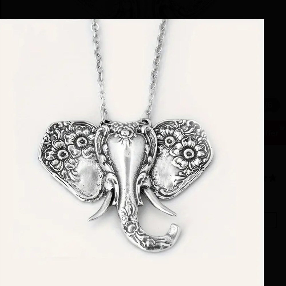 Silver colored elephant head necklace  NIP. Scrollwork detail. 17.3”+2 chain - Picture 4 of 5